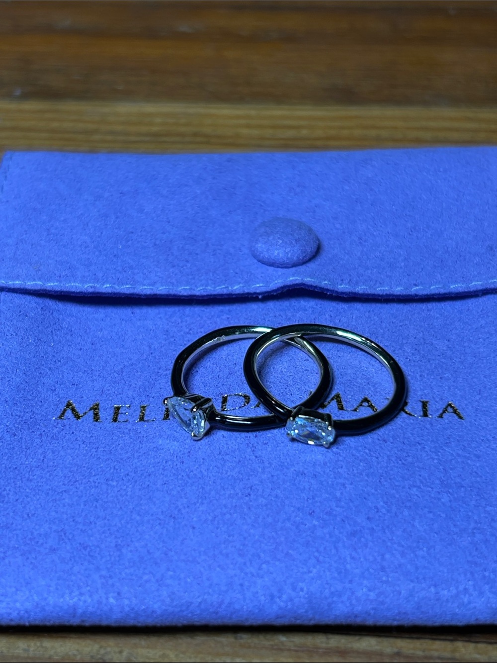 Melinda Maria Black enamel Rings with oval and teardrop Clear Stones size 7